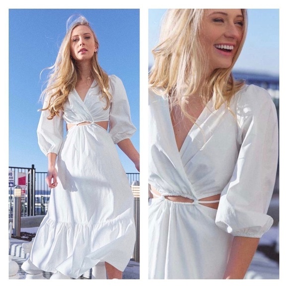 ASTR White Cutout Surplice Midi Dress Puff Sleeve Resort Vacation L NWT - Picture 5 of 14
